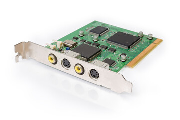 Old video capture card for PC on white surface closeup