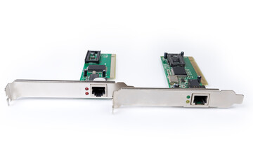 Two network interface controller cards for PC on white background