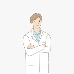 Fototapeta premium Male doctor pose and smile. Healthcare and medical concept. Hand draw style. Vector illustration.
