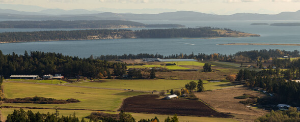 panoramic view of countryside and islands near Victoria, BC, Canada