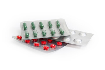 Blister packs and foil pack with different medications, selective focus