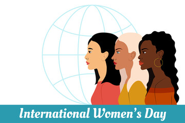 Obraz premium Template greetings for March 8. Banner for International Women's Day. Three women of different nationalities. The concept of equality and unity.