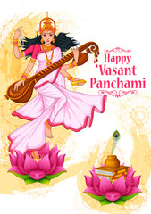 Indian God Saraswati Maa on Vasant Panchami religious festival background in vector