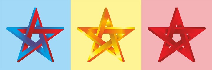 The star icon. Discount program symbol. Optical illusion: impossible five-pointed stars, stars with weave sides.