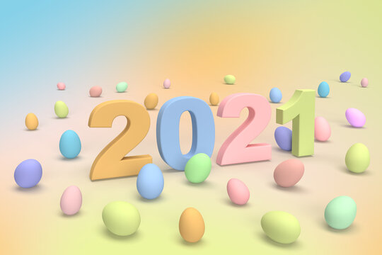 Colorful lie eggs for happy Easter 2021 number text as abstract rainbow background.
