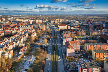 Aerial view of the old town of Gdansk with beautiful architecture at sunny day, Poland
