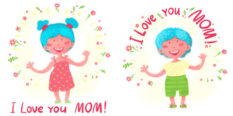 Happy Mother's Day.Hand drawn illustration of children with congratulations