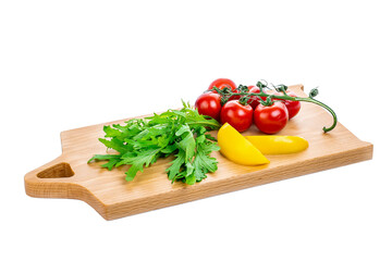 Vegetables cooking vegetarian tomato and pepper with herbs and garlic. Aged wooden background. Copy space top view