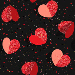 seamless pattern with shiny red hearts for valentine's day on black background, heart shape cut from paper, scattered confetti on background