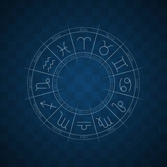 Astrological horoscope with zodiac signs.. Astral symbols in blue checkerboard background.