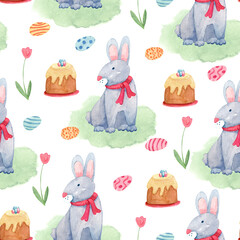 Watercolor spring seamless pattern. Cute Easter rabbits or bunnies on the grass, colorful eggs, tulip flowers and Easter cakes. Great for fabrics, wrapping papers, covers.