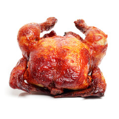 Whole roasted chicken against white background