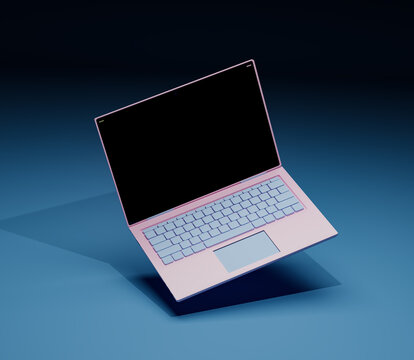Pink-blue Laptop on a blue background. 3d illustration. Render. Laptop at an angle.Template for design.