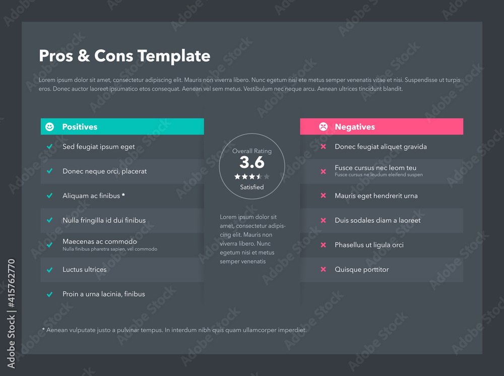Poster modern pros and cons template with place for your content - dark version. easy to use for your websi