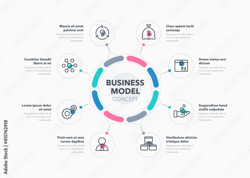 Poster Simple concept for business model diagram with eight steps and place for your description. Flat infographic design template for website or presentation.