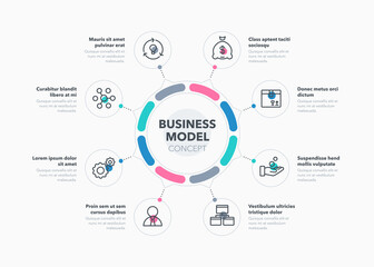 Simple concept for business model diagram with eight steps and place for your description. Flat infographic design template for website or presentation.