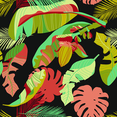 seamless pattern with japanese banana and leaves, vector design for paper, fabric