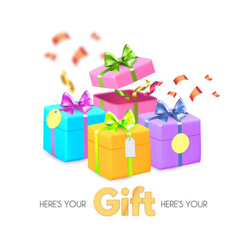Falling gift boxes. 3D gifts for special offer, surprise, win, birthday, wedding and baby shower. Colorful desing isolated on white