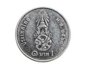 Thailand one bath coin on white isolated background
