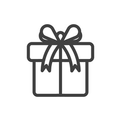 Icon of a gift box tied with a thread with a bow. A simple image of a closed box. Clean texture. Isolated vector on a pure white background.
