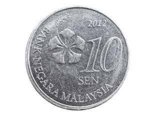 Malaysia ten sen coin on a white isolated background