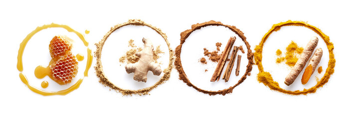 Circle of spices and honey on white background