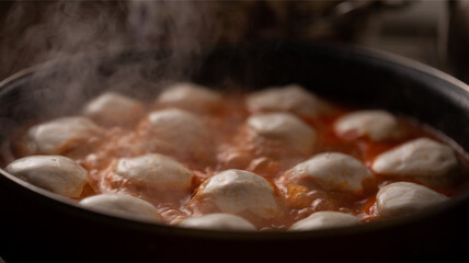 meatballs are prepared in tomato sauce in the home kitchen, close up