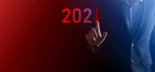 Plan business negative growth in year 2021 concept. Businessman plan and increase of negative...