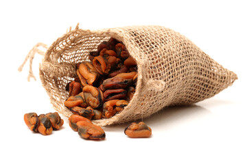  Cooked mussels on white background.