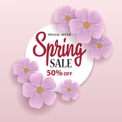 Spring sale background with a beautiful colorful flower. Vector illustration template. Banners. Wallpaper. Flyers, invitations, posters, brochures, discount on the voucher.