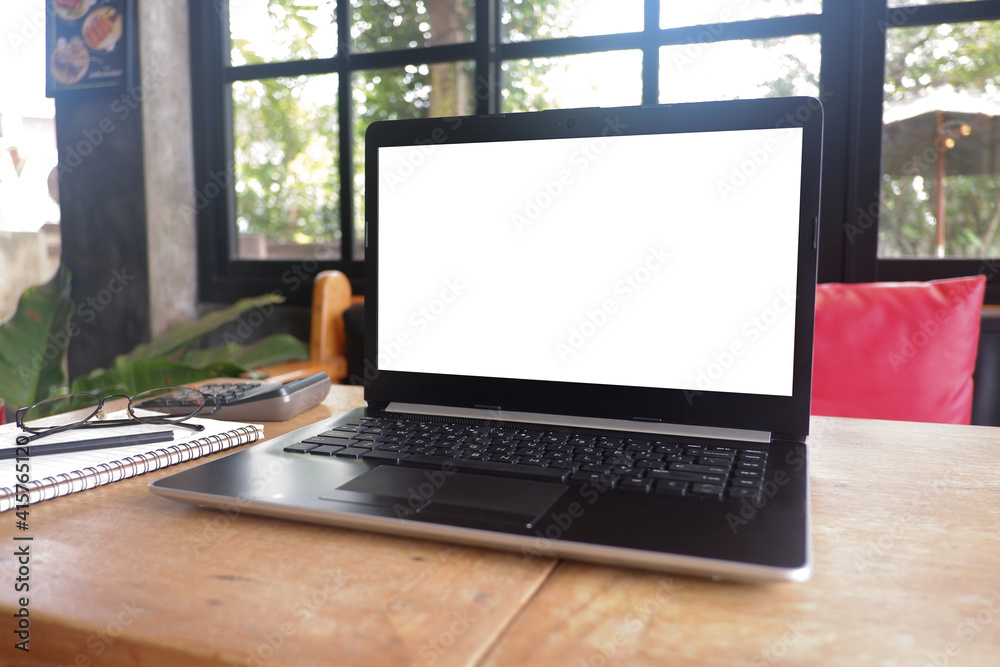 Fototapete Cropped shot view of business man's hands typing labtop with blank copy space screen for your information content or text message