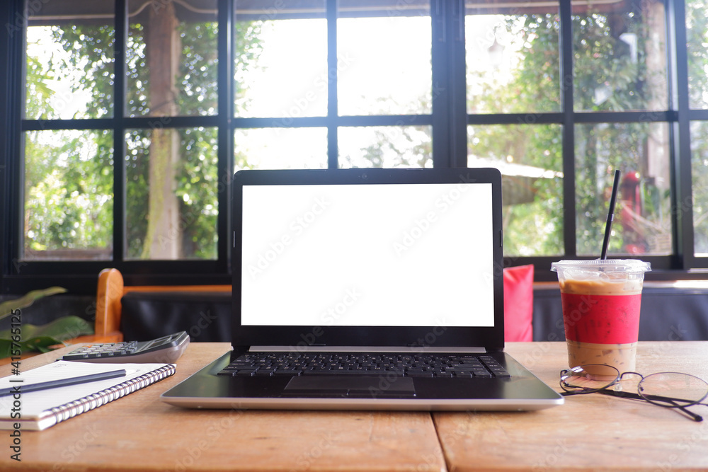 Fototapete Cropped shot view of business man's hands typing labtop with blank copy space screen for your information content or text message