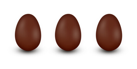 Three same chocolate Easter eggs in a row isolated on white background.