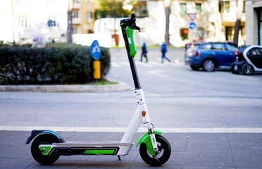 Electric scooter e-scooter road sign eco friendly green mobility city transport street