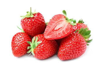 Pile of delicious cut and whole strawberries on white background