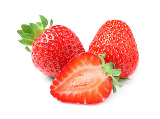 Delicious cut and whole strawberries on white background