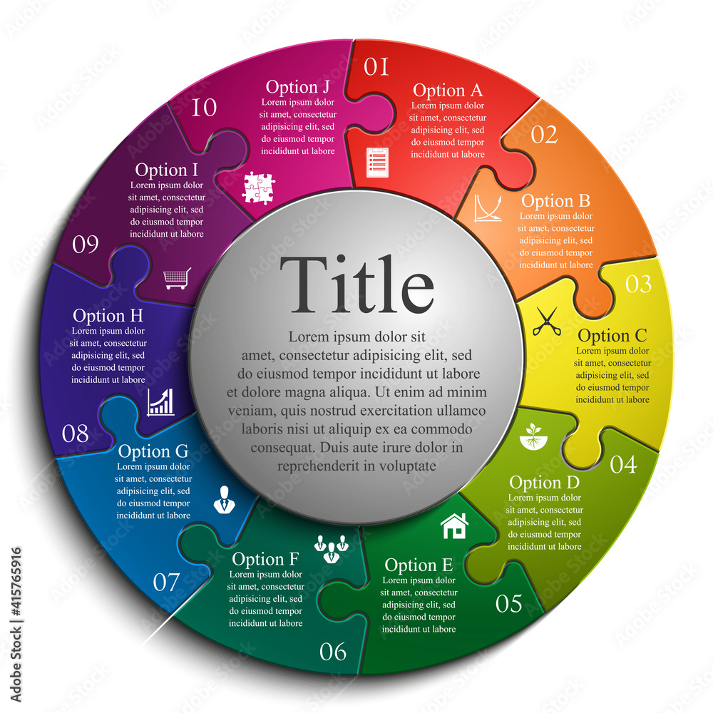 Poster ten sided 3d puzzle presentation infographic template with explanatory text field for business stati