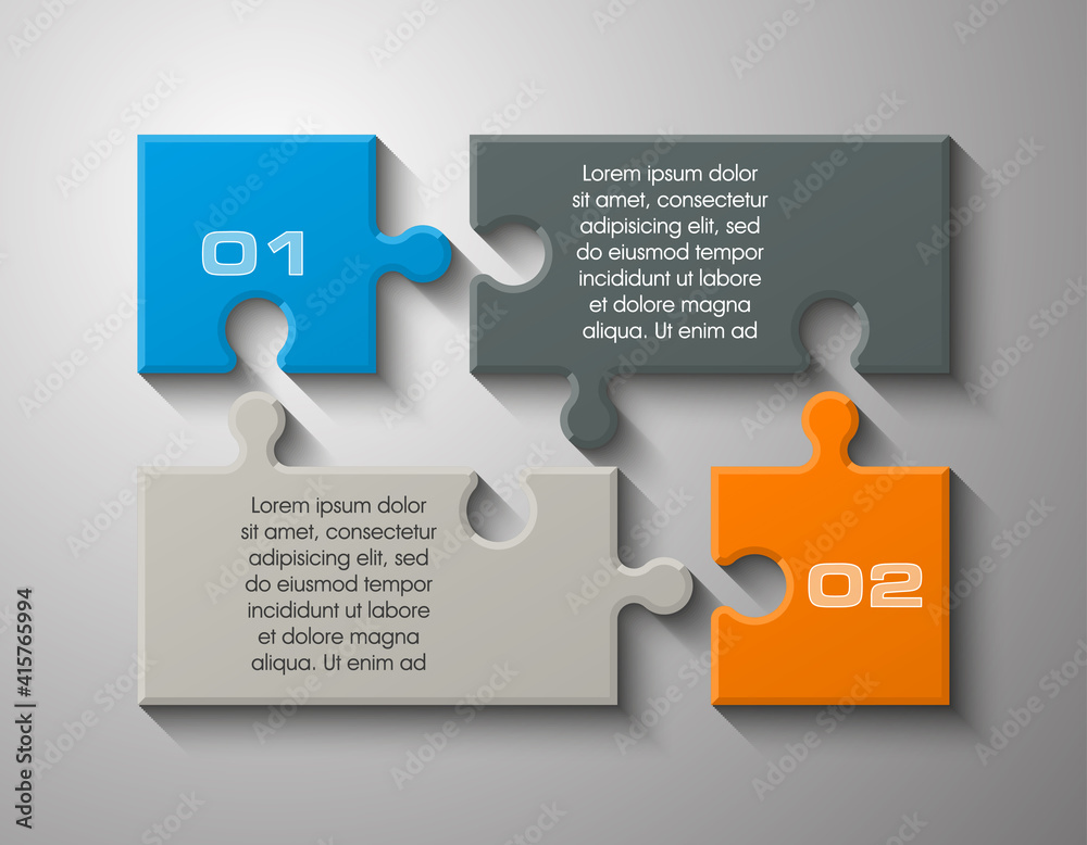 Poster Two sided 3d puzzle presentation infographic template with explanatory text field for business statistics