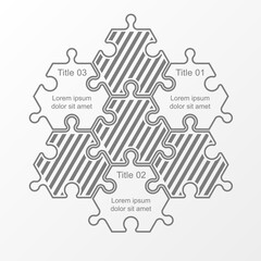 Six piece puzzle business presentation. Circle infograph. 6 step process diagram. Six section compare banner.