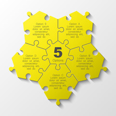 Puzzle five piece business presentation. Circle infograph. 5 Step round process diagram. Section compare banner.