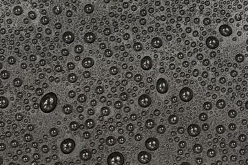 Water drops on black background texture. Dark backdrop glass covered with drops of water. gray bubbles in water
