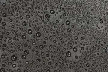 Water drops on black background texture. Dark backdrop glass covered with drops of water. gray bubbles in water