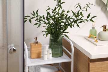 Vase with green branches and different toiletries on rack in bathroom