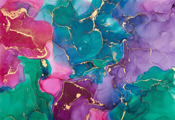 Ströme von durchscheinenden Farbtönen, sich schlängelnde Metallwirbel und schaumige Farbspritzer prägen die Landschaft dieser frei fließenden Texturen. Natürliche luxuriöse abstrakte flüssige Kunstmalerei in Alkoholtintentechnik