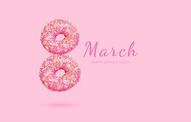 Number 8 from sweet pink donuts on pink background. Creative concept of 8 March holiday....