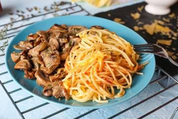 Rustic cooked pasta with mushrooms top view