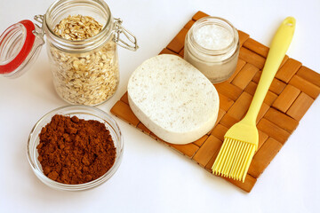 Home spa salon, sponge, coffee, sea salt and oatmeal for making cosmetics, flat lay