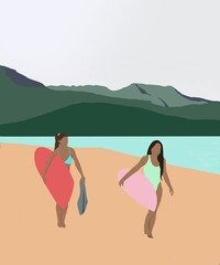 Obraz na płótnie Canvas Two surfers on the beach of hawaii by the sea. Surf boards, bikini and one piece swimsuit. Sporty girls go surf. Digital art poster for travel souls.