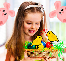 Easter happy girl child with bunny egg in nest. Kid and spring rabbit on holiday.