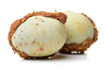 preserved duck eggs on white background
